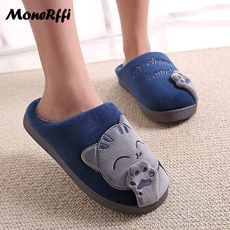 Парные зимние домашние тапочки, женская обувь, милые тапочки с рисунком кота, мужские теплые плюшевые шлепанцы, домашние нескользящие тапочки для спальни