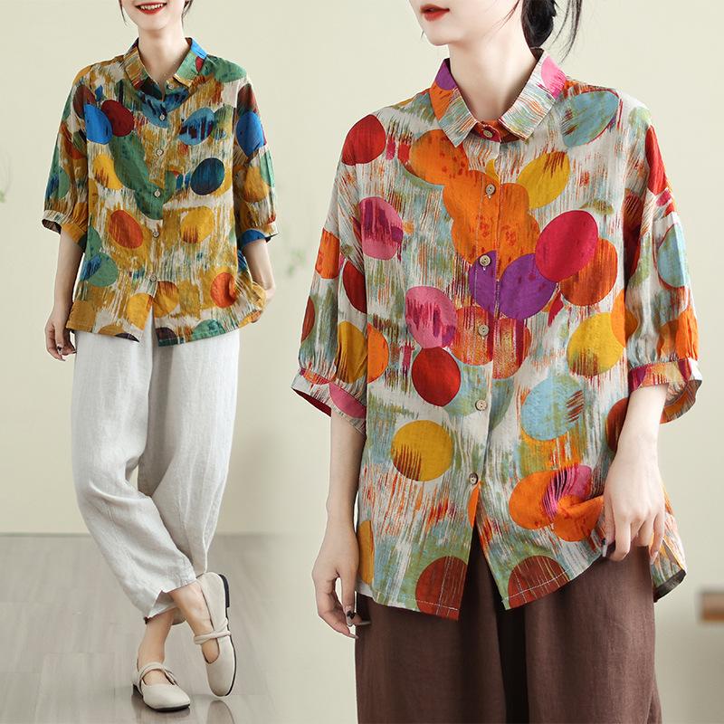 Летние блузки Literature Loose Polka Dot Printed Short Sleeves Shirt Women Shirt Top