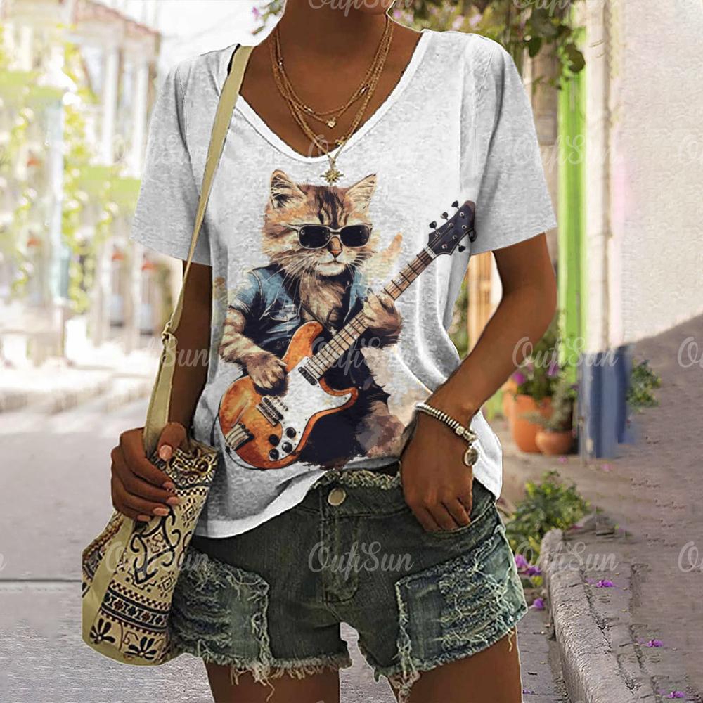 2024 New Women T-Shirt Rockin' Cat Print Top Plus Size Summer Women's Trending Clothing Fashion Short Sleeve Shirt Crew Tee
