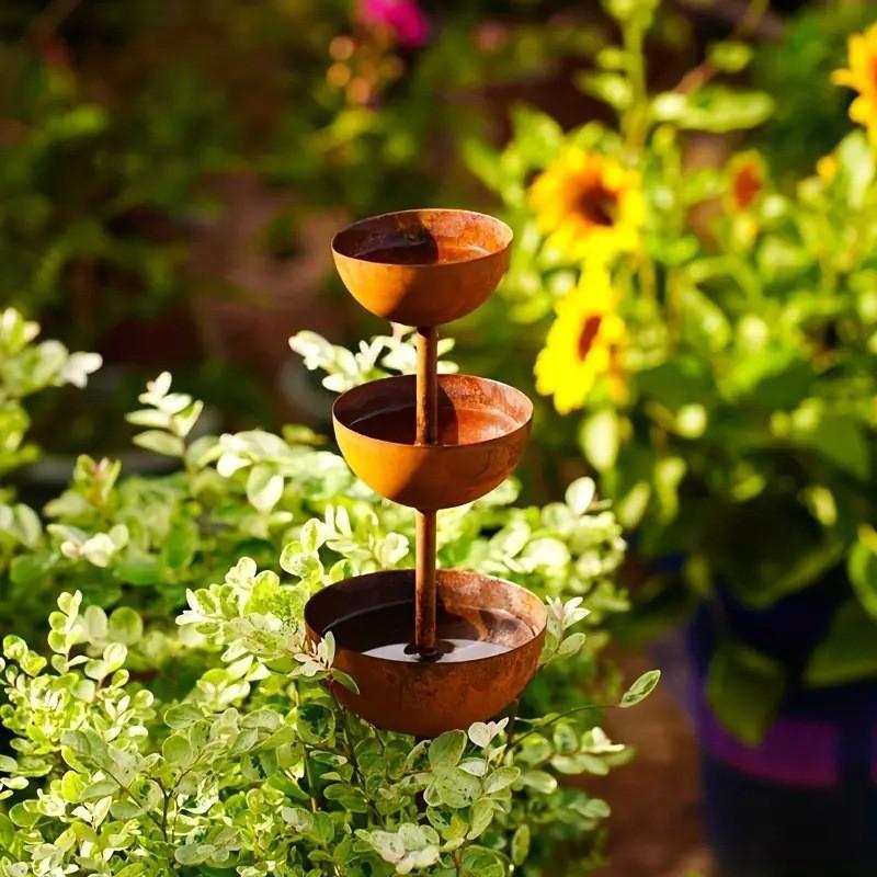 Rain Collector Bird Water Bowl 3 Layer Feeder with Metal Stake Durable for Garden Yard Outdoor  Bird Watching Gifts