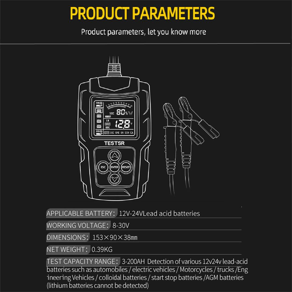 12V 24V Car Battery Tester LCD Battery Analyzer Test Tool Digital Analyzer Tester CCA IR SOH Measurement for Car Truck Boat SUV