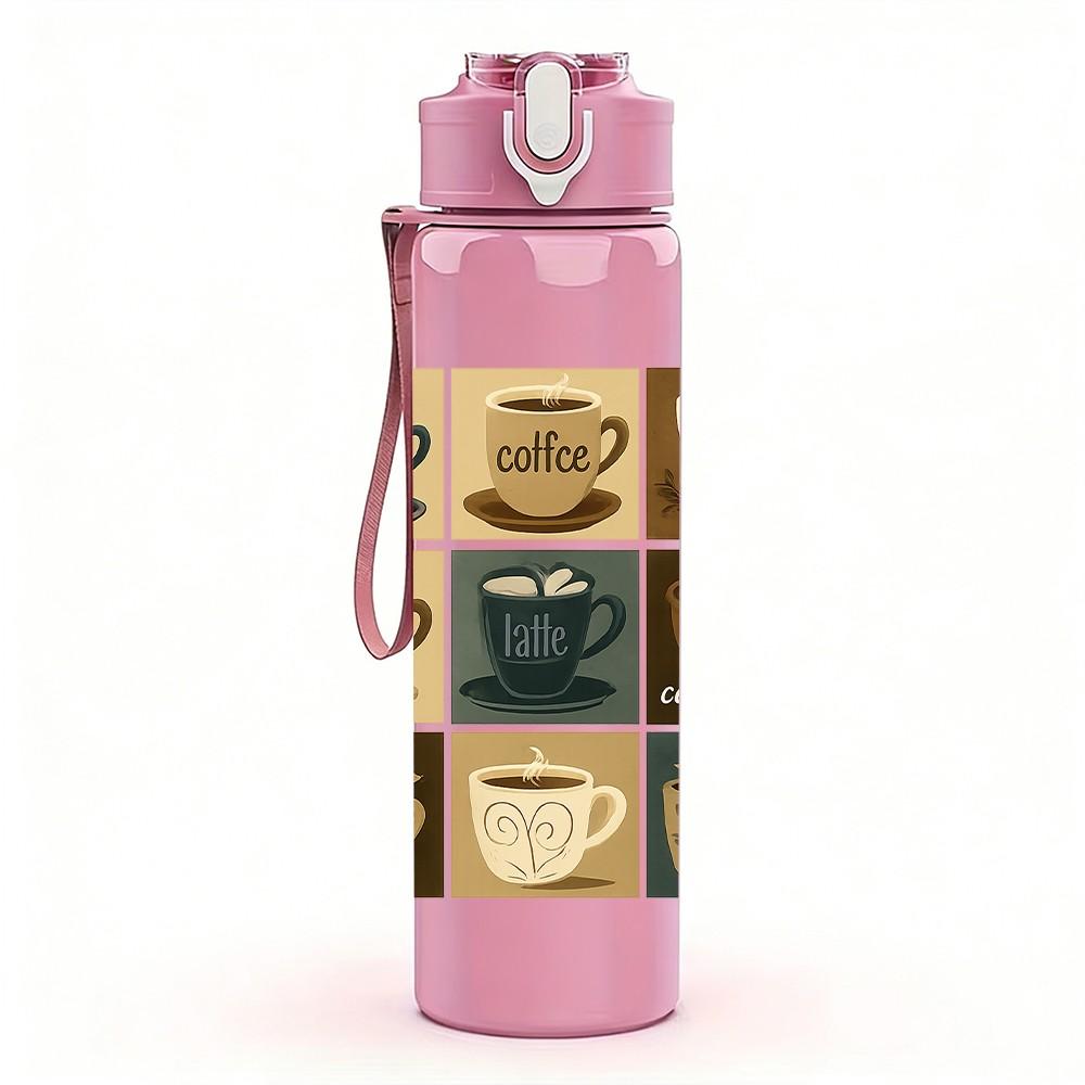 1PC Vintage Coffee Cup Tile Print 750ml Color Plastic Sports Water Bottle Leakproof Flip Straw Lid Suitable for Sports Office Home Use