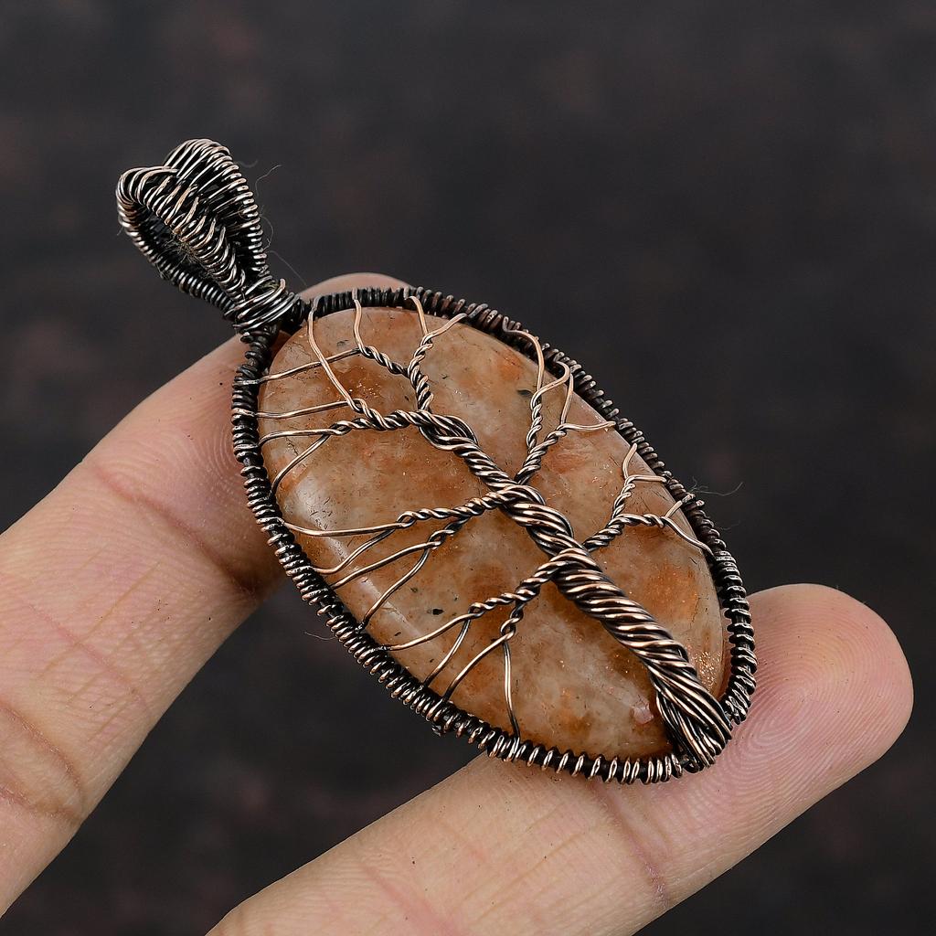 Древо жизни Солнечный камень Медный кулон Медная проволока обернутый кулон Самодельный драгоценный камень Медные украшения для подарка Натуральные солнечные камни Ювелирные изделия