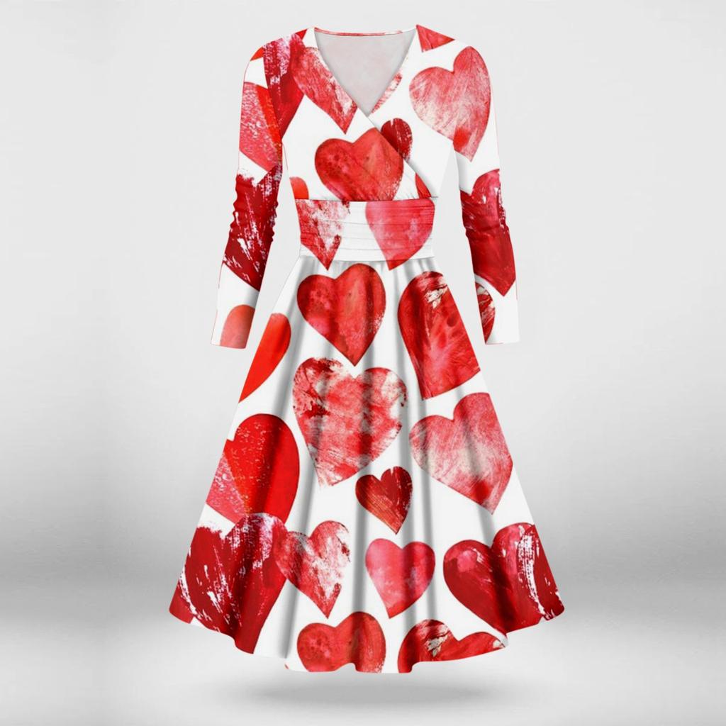 Женская мода повседневное сексуальное платье с длинным рукавом и v-образным вырезом с принтом ко Дню святого Валентина