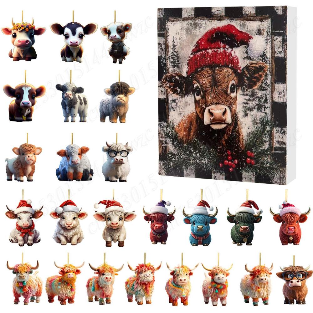 2026 Highland Cow Christmas Advent Calendar 24Pcs Xmas Cute Yak Countdown Calendar Hanging Pendants for Toddlers Christmas Gifts