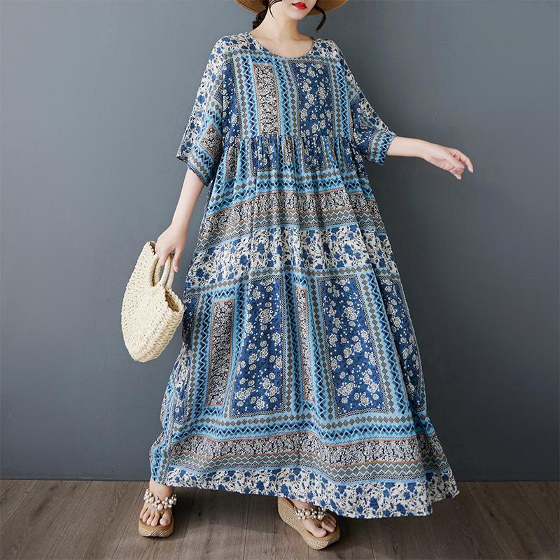 Dimanaf 2025 Плюс Размер Летнее Платье Женщин Цветочный Принт Винтаж Длинное Платье Свободное Повседневное Платье Макси В Богемном Стиле