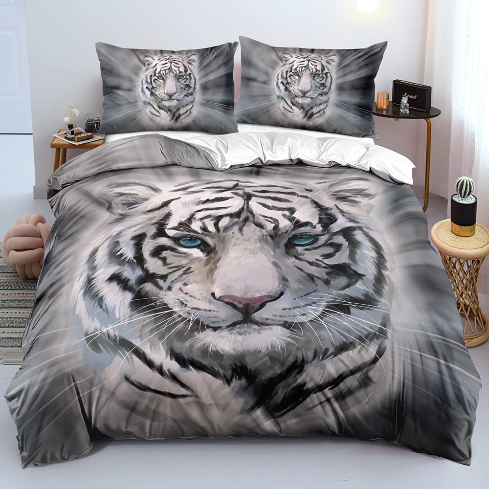 White Tiger Duvet Cover Set Queen Size Wildlife Comforter Covers Animal Print Bedding Set For Boys Girls Kids Art Bedroom Decor