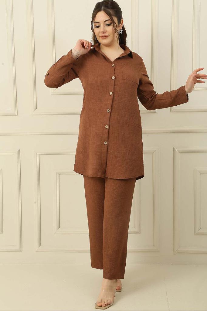 Single Pocket Sleeve Folded Shirt Elastic Waist Palazzo Trousers Linen Effect Large Size 2 Piece Set