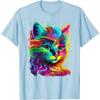 Psychedelic Cat Portrait Graphic Tee Colorful Rainbow Kitten Print Round Neck Tshirt