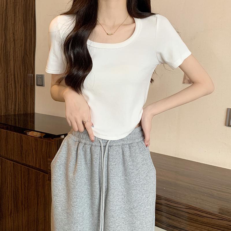 Дизайнерская ниша с закругленным подолом, круглым вырезом, короткая футболка-макарон, женская летняя горячая девушка, универсальные топы с короткими рукавами