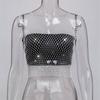 Leqoel Sexy Mesh Out Backless Tank Hollow Summer Rhinestones Tops New Fashion Party See Through Fishnet Crop  for Women