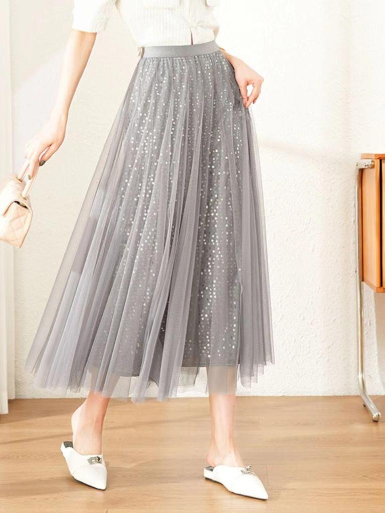 Trendy High-Waisted Sequin Mesh Midi Skirt for Spring/Summer