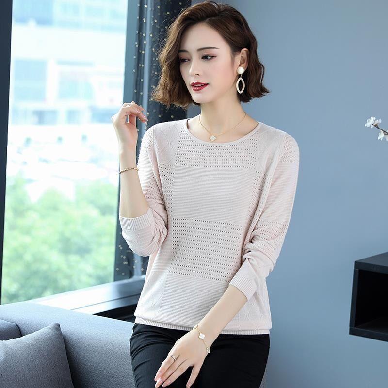 Women Round Neck Knit Sweater Female Spring and Autumn Solid Color Loose Thin Fashion Thin Section Bottoming Shirt Tops