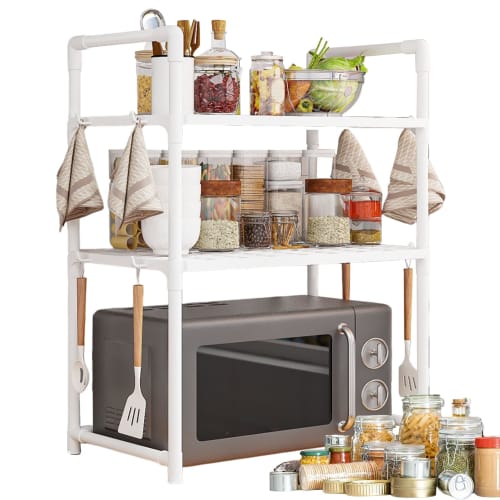 Microwave Rack, Adjustable Microwave Stand - Kitchen Countertop Utensil and Cutlery Organizer | Adjustable Countertop Utility Storage Rack with Hooks