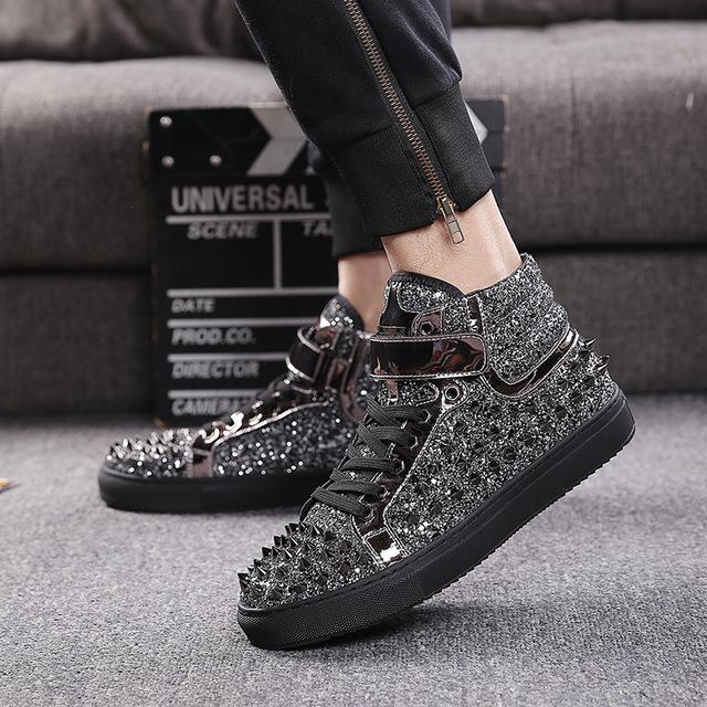 Brand Black Silver Leather Rivets Men Shoes High-Top Fashion Spike Sneakers Shoes Outdoors Flats Casuals Shoes Chaussure Homme