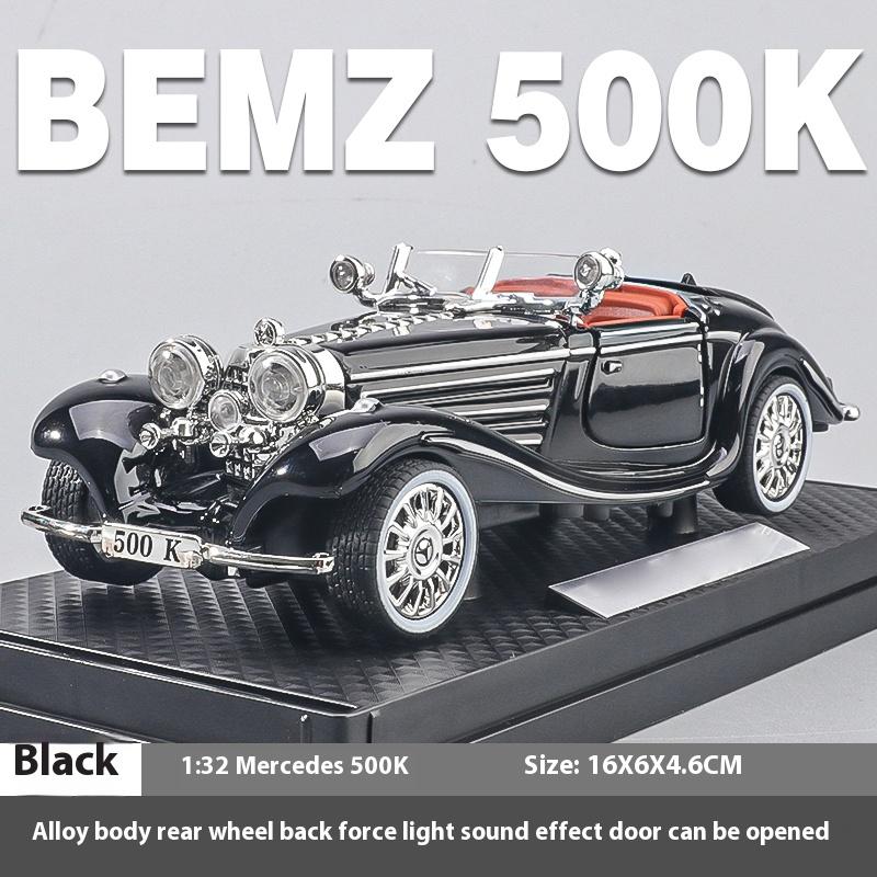 1:32 Mercedes Benz 500K 1936 Классическая модель автомобиля из сплава, литая под давлением, со звуком и светом, Коллекционные предметы для хобби, Подарки на день рождения для парня