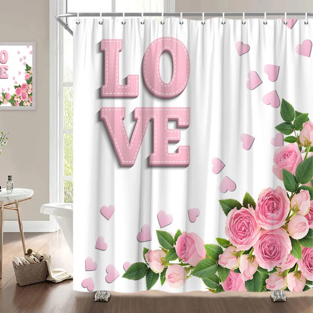 Занавеска для душа на День святого Валентина, Сердце из роз, Романтическое растение, Любовь, Губная помада, Полиэстер, Принт, Украшение для ванной комнаты