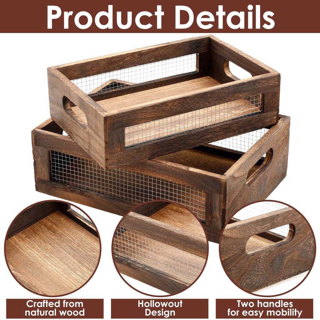 2Pcs Wooden Countertop Basket Stackable Storage Box With Wire Mesh Multipurpose Kitchen Bathroom Storage Organizer Magazine Rack