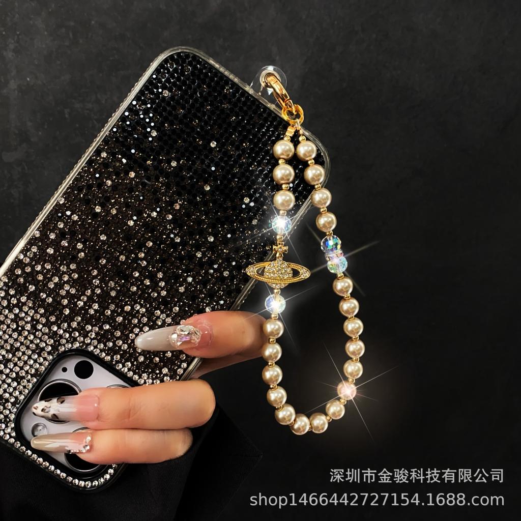 Инкрустированная бриллиантами жемчужная цепочка для телефона, креативный шнурок для телефона, брелок, ремешок против потери, модная короткая подвесная цепочка, оптом