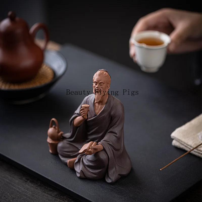 Chinese Historical Figures Statue Ceramic Purple Sand Craft Sculpture Home Room Office Tea Set Decoration Accessories