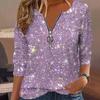 Женская рубашка с круглым вырезом на молнии с полузастежкой и длинным рукавом, пуловер, топы, сверкающие