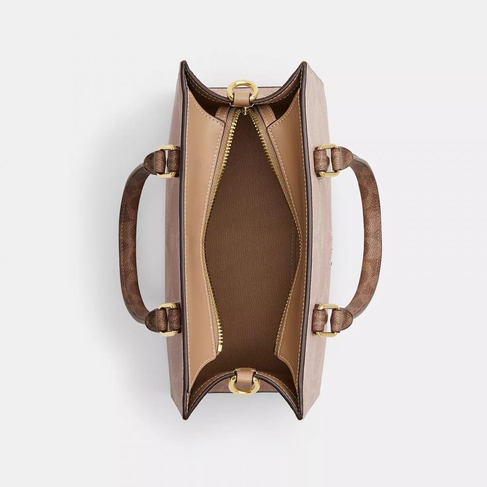 Coach Maggie Small Tote Bag In Blocked Signature Canvas Gold Walnut Tan