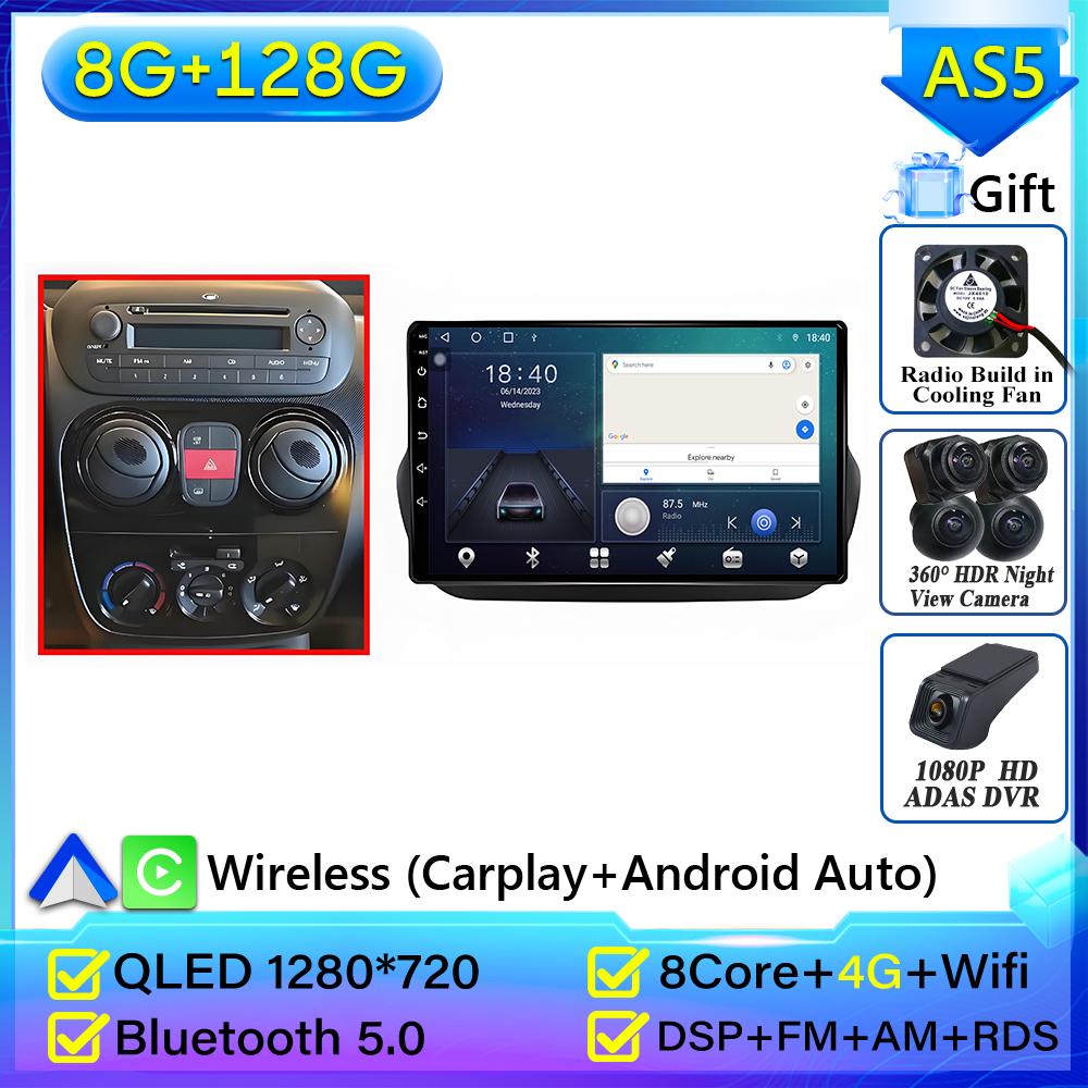 Autoradio Android 16 pour Fiat Fiorino Qubo 2008-2017, pour Citroën Nemo 2008-2017, pour Peugeot Bipper 2008-2017, Carplay 4G, sans 2din