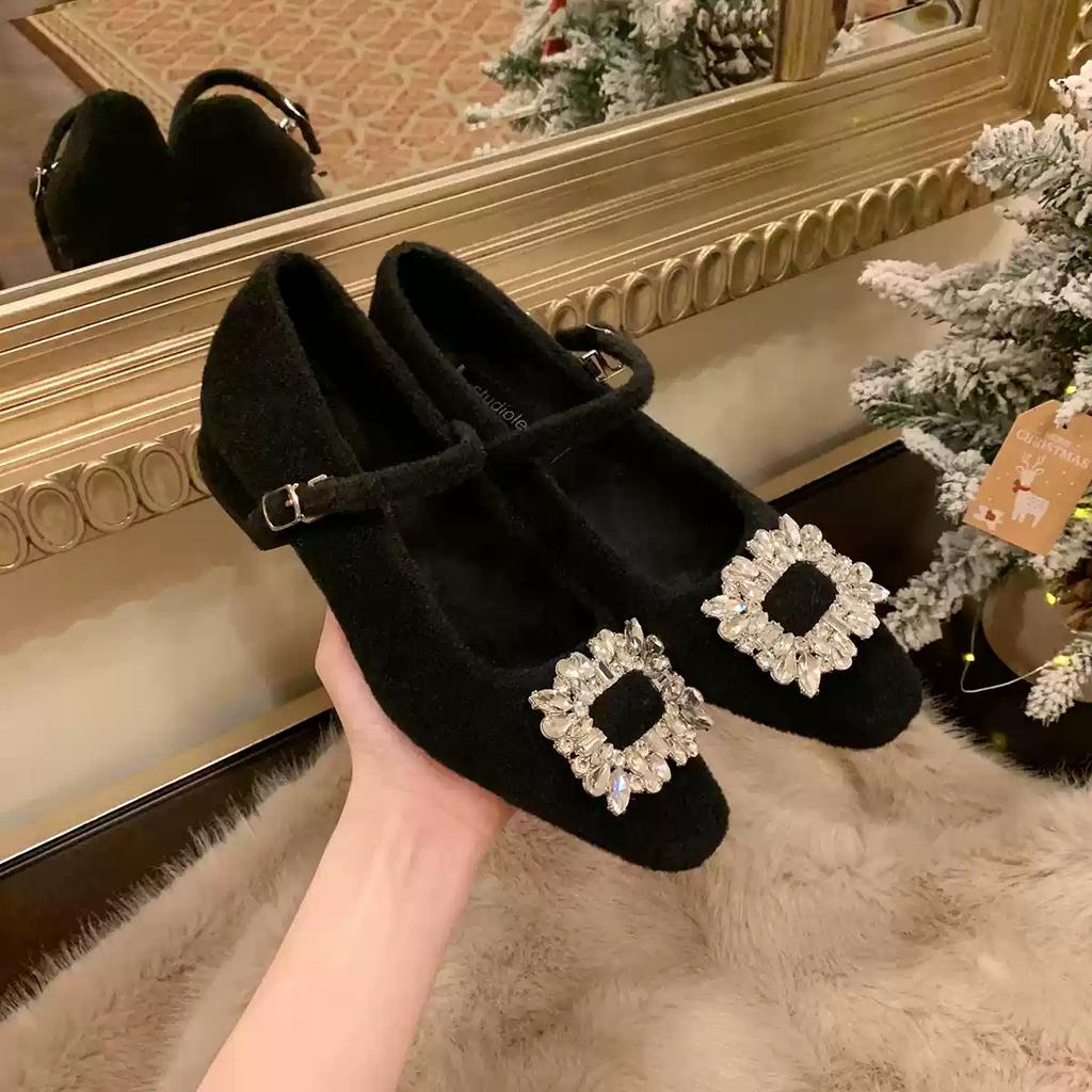 Grape Mother of the Same Style~ Diamond Buckle Small Square Head Velvet with Warm Woolen Thick Heel Mary Jane Single Shoes Women