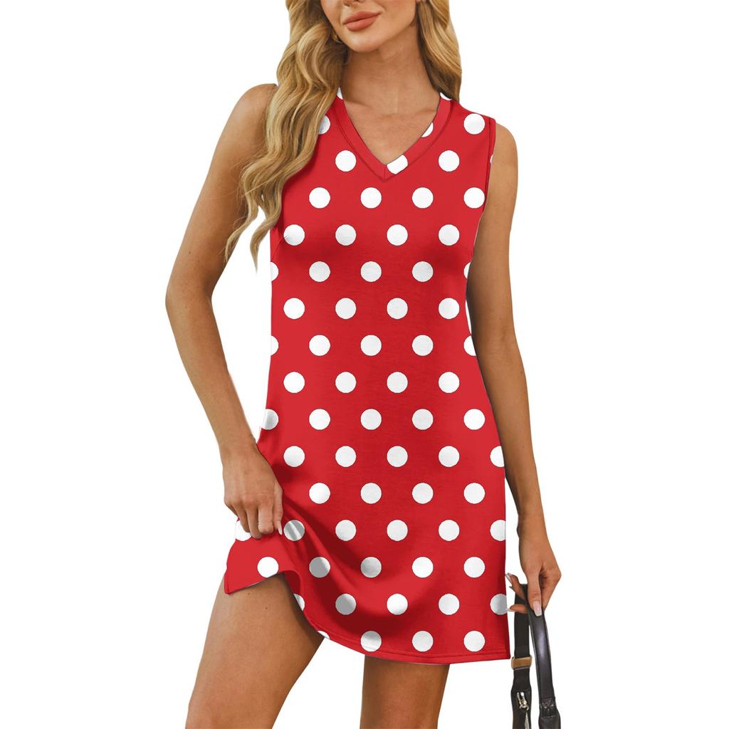 Женский летний повседневный сарафан без рукавов с принтом в горошек с V-образным вырезом для пляжного отдыха