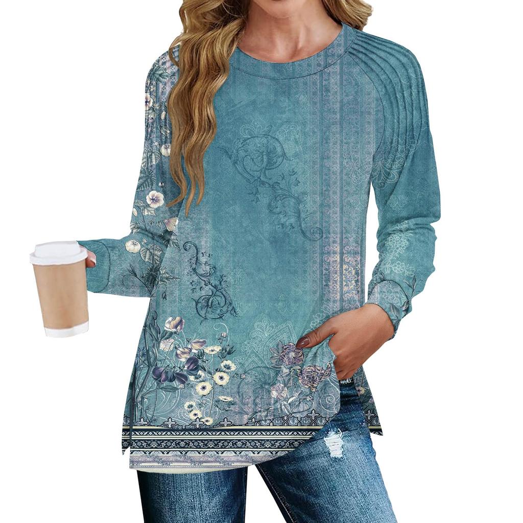 Women's Fashion Casual Split Print Pleated Hem Split Loose Fit Fall Sweatshirt Long Sleeve Top