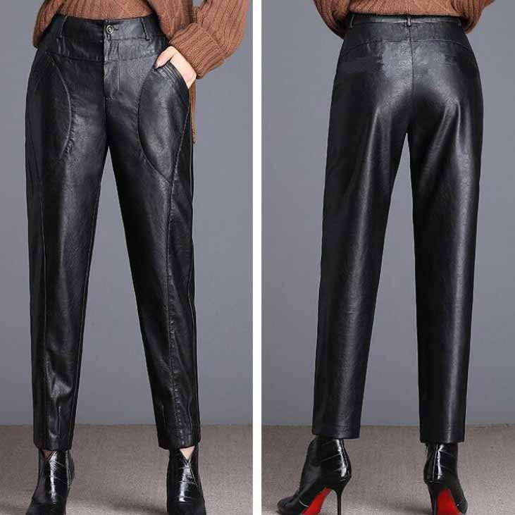 Кожаные брюки Женские флисовые верхние брюки Шаровары с высокой талией Женские теплые кожаные брюки Женские