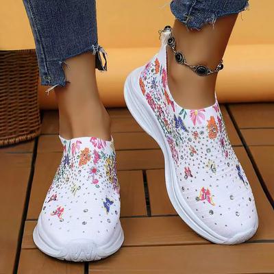 Кроссовки-носки со стразами и сетчатым принтом, женские трикотажные дышащие туфли на плоской подошве, спортивная обувь для женщин, удобная нескользящая обувь для бега и ходьбы