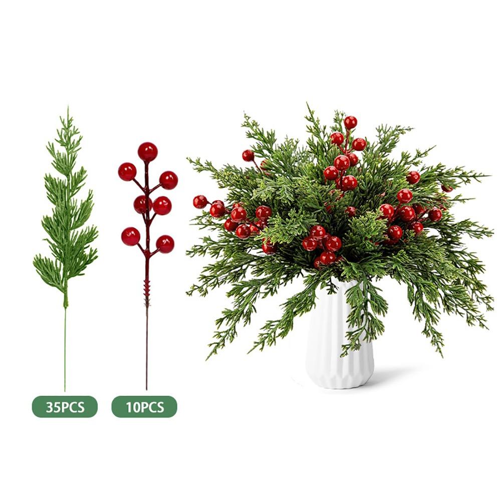 Red Berries Christmas Artificial Pine Branches Plastic Greenery Leaves Fake Cedar Pine Accessories DIY Faux Pine