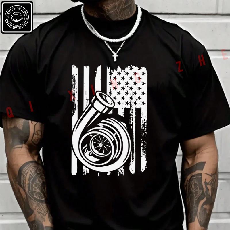 Men T Shirt Turbo Tuner Car Enthusiast With US Flag Motorcycle T-Shirt Cotton Men‘s Summer Shor