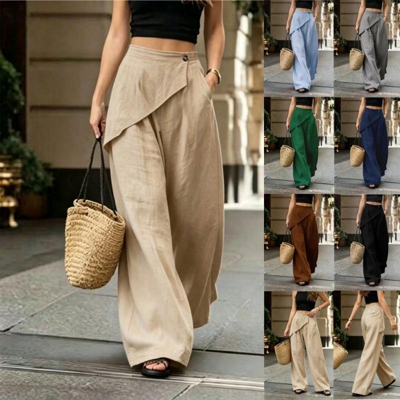 Women Irregular Design Loose Solid Linen Blend Wide Leg Casual Pants
