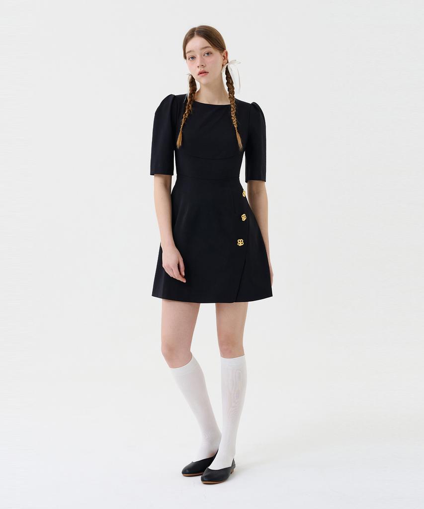 Boyeon Gold Button Volume-Up Mini Dress Navy 0147