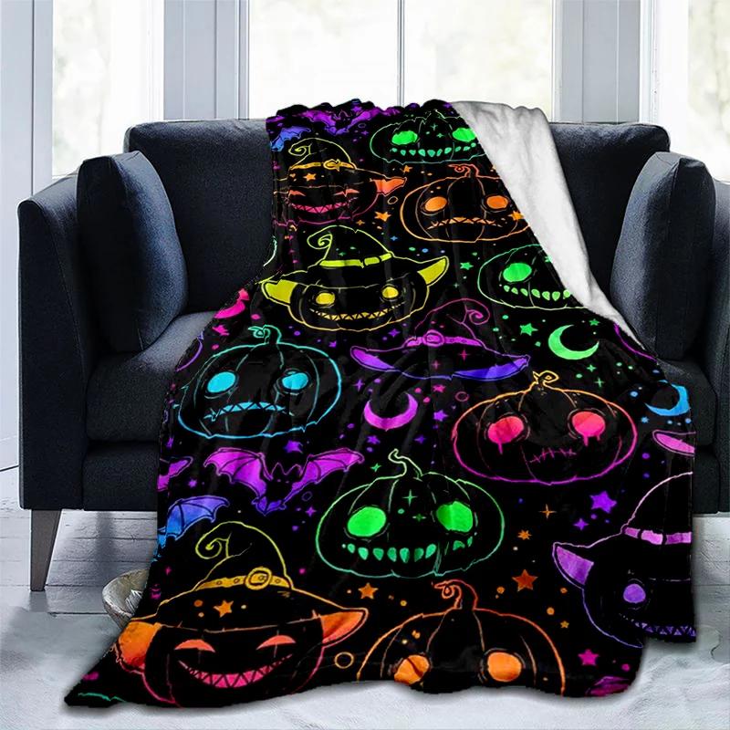 Halloween Pumpkin&horror Ghost Printed Blanket, Fashionable Warm Flannel Blanket, Sofa Bed Cover Blanket, Halloween Gift
