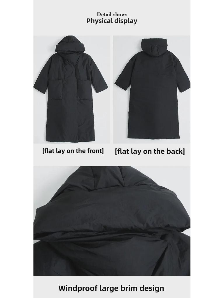 Women's 2024 Knee-Length Hooded Down Jacket - Korean Style, Thick, 90% White Duck Down