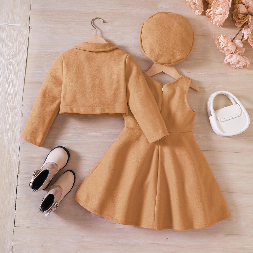 3 предмета детской повседневной одежды, комплекты одежды для девочек 2024 года, осень-зима, новое пальто из твида для малышей, платье-майка, шляпа, мода для детей