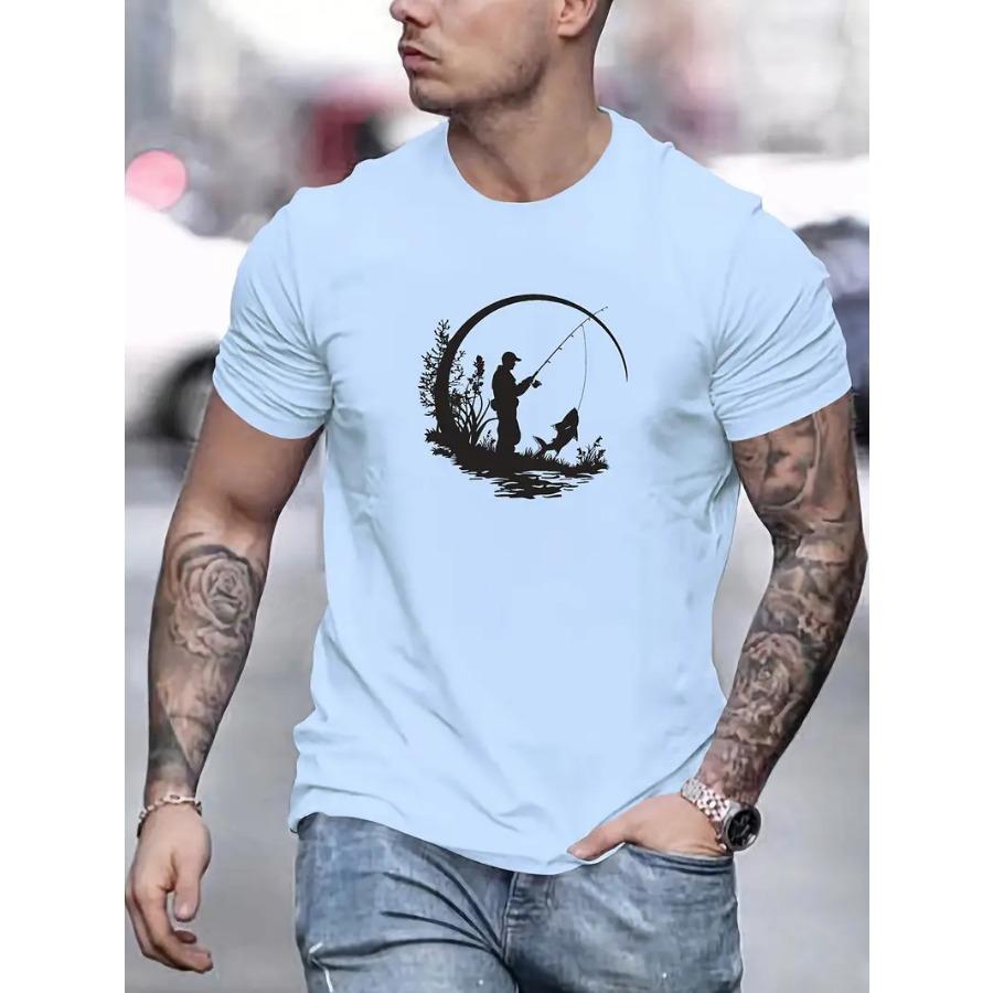 Мужская футболка с графическим принтом для рыбалки - Базовая футболка с круглым вырезом из 100% полиэстера, слегка тянущаяся, однотонная, летний повседневный топ из трикотажной ткани