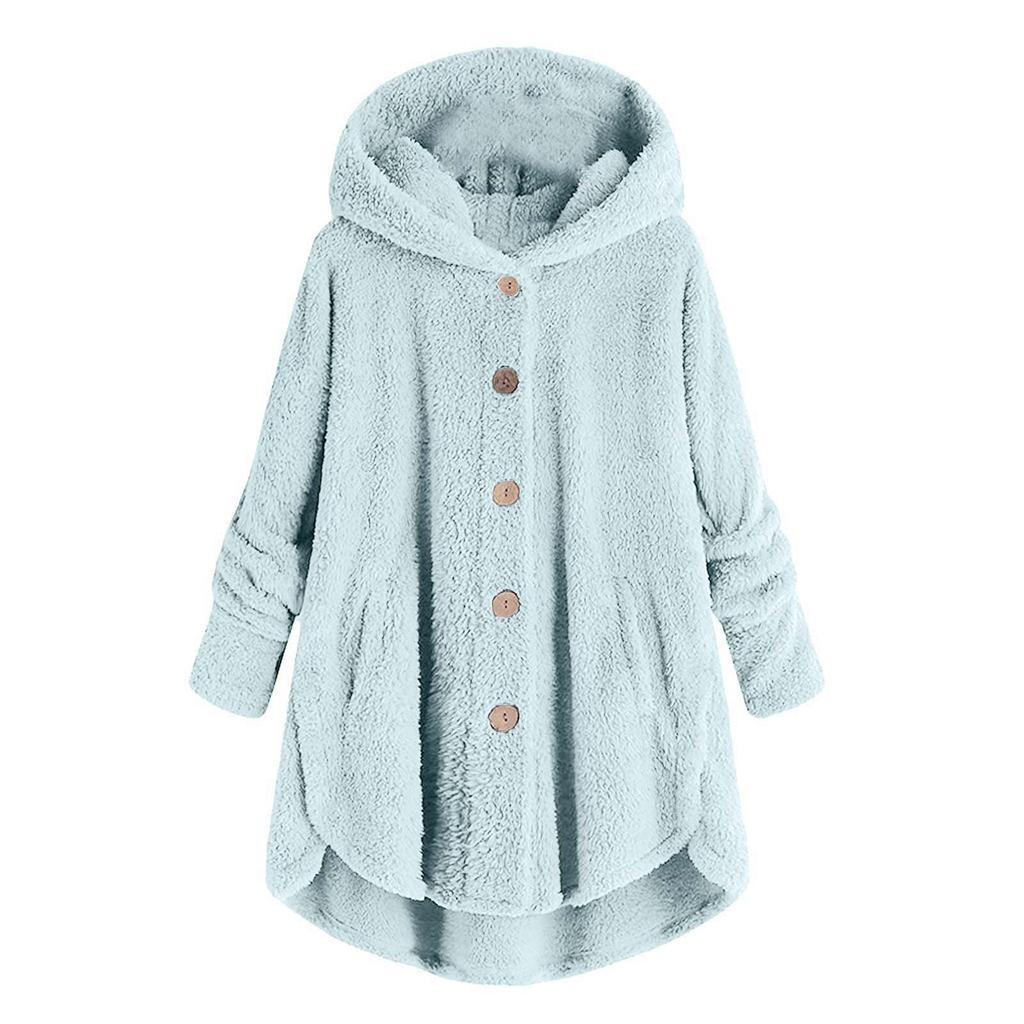 Women Plus Size Button Plush Tops Hooded Loose Cardigan Wool Coat Winter Jacket