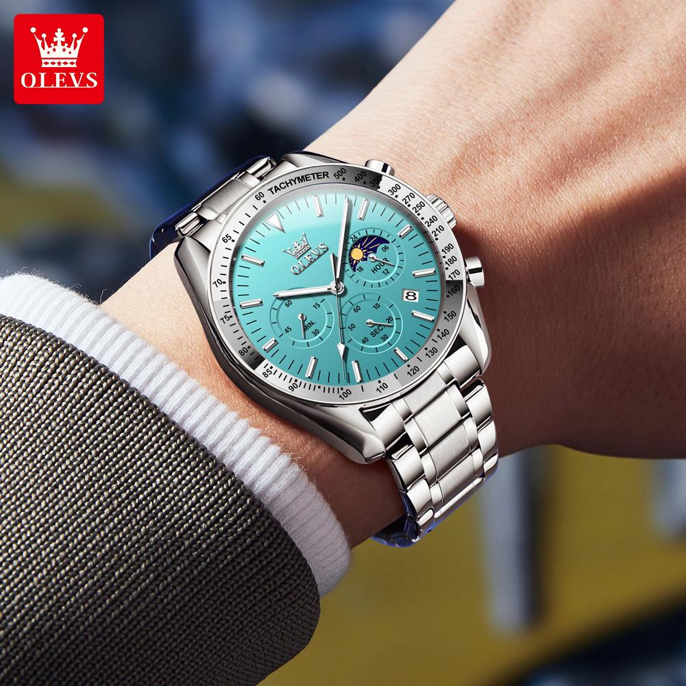 Модные синие кварцевые часы для мужчин из нержавеющей стали, водонепроницаемые, светящиеся, дата, фазы Луны, хронограф, часы для мужчин