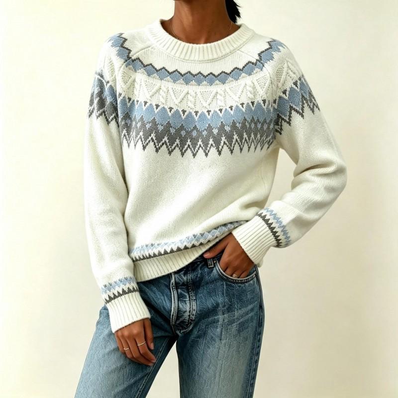 Vintage Fall Winter Womens Fair Isle Knit Cardigan Round Neck Loose Button Sweater Coat
