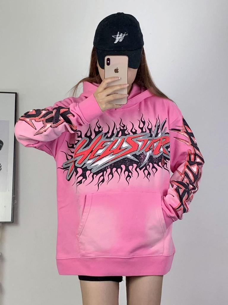 Ретро-худи Hellstars с ручной росписью в стиле граффити - Модный дизайн с эффектом облупившейся краски и окрашиванием в грязевые тона