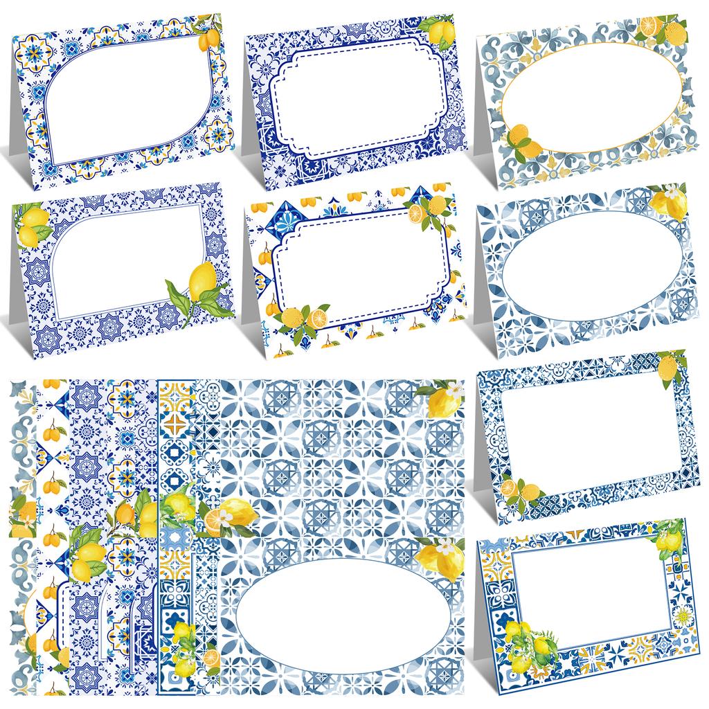 Capri Lemon Place Cards Blue Tile Table Name Labels Yellow Lemon Tent Cards Food Label For Wedding Bridal Shower Table Setting