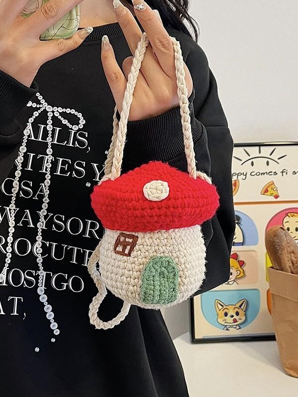 Cute Mushroom Mini Shoulder Bag With Knitted Wool For Children And Teens