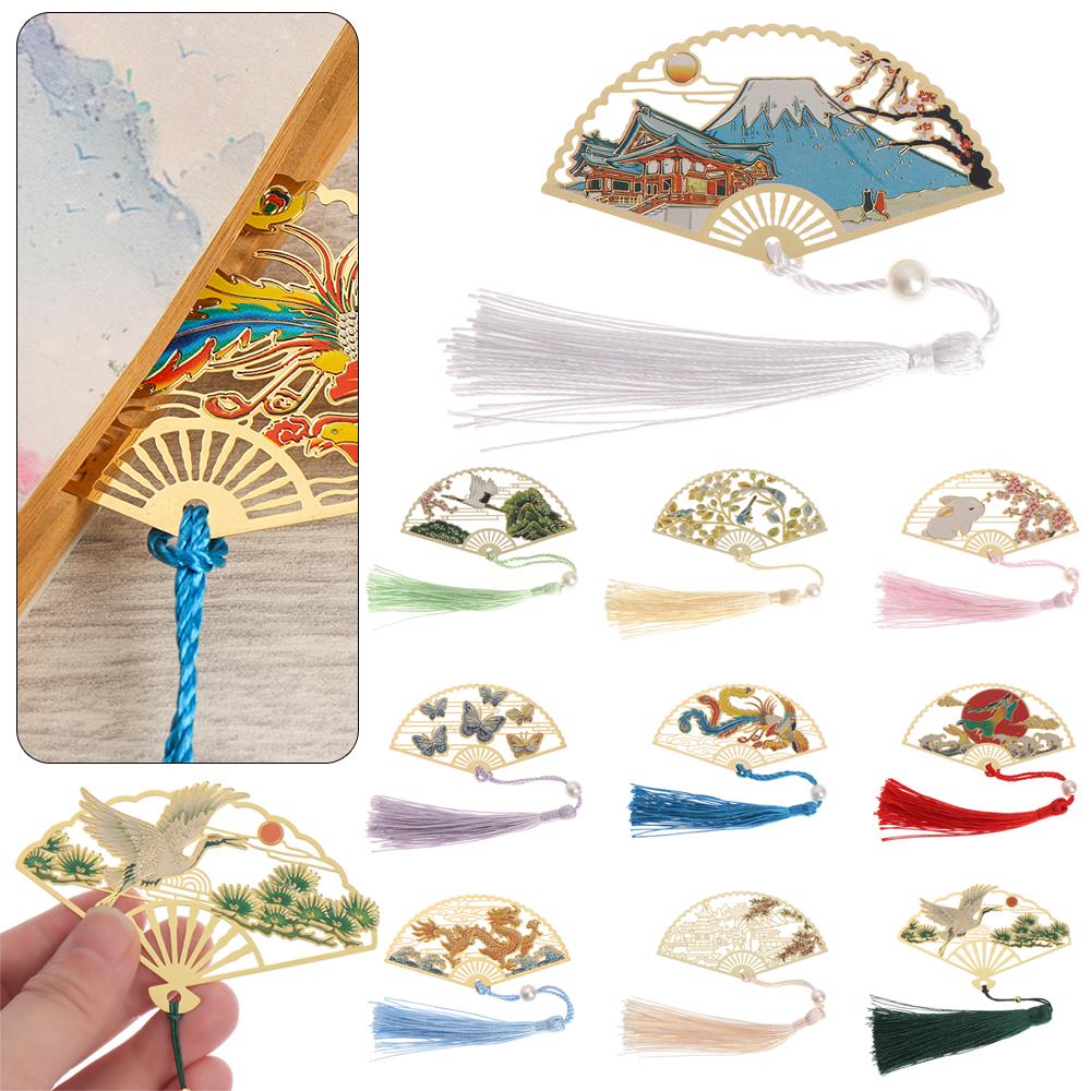 Style Stationery Crane Tassel Flower Pagination Mark Folding Fan Shape Brass Bookmark Book Clip