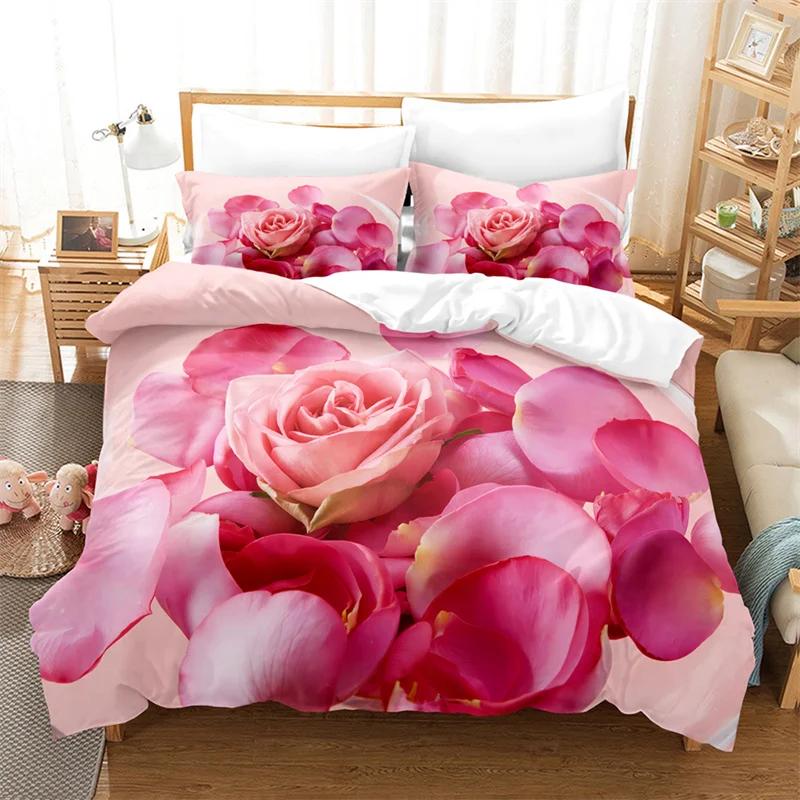 Comforter Rose Flower Bedding Set 4Pcs Pink Red 200X230 For Double Bed 3D Bedsheet 230X230 Full Size Thin Fabric