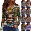 Women's Fashion Hem Slit Casual Christmas Printed Round Neck Long Sleeve Top