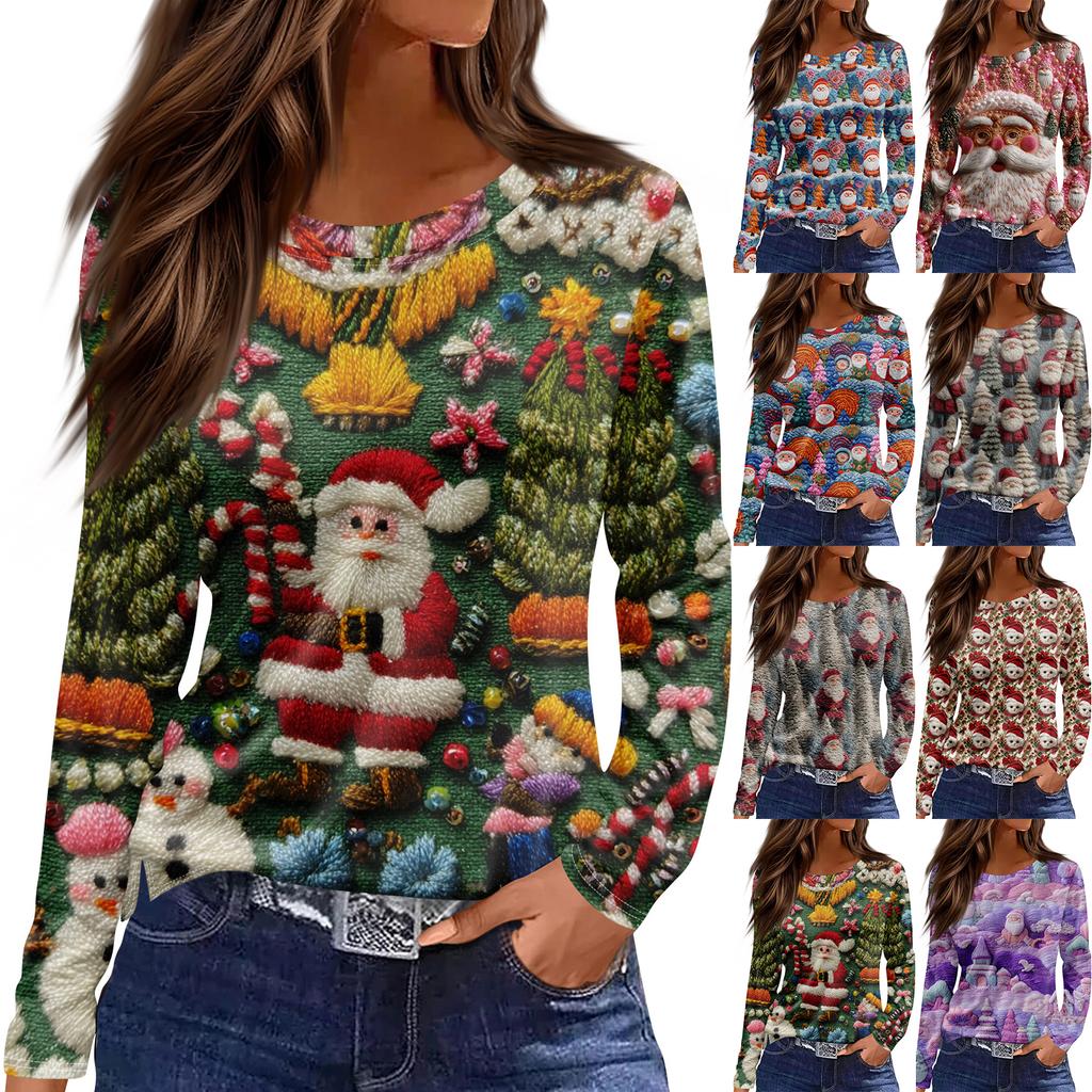 Women's Fashion Hem Slit Casual Christmas Printed Round Neck Long Sleeve Top